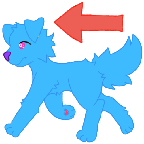 A blue dog is walking to the left with a red arrow above them pointing left.